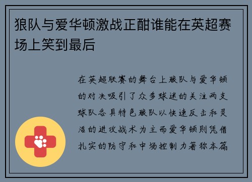 狼队与爱华顿激战正酣谁能在英超赛场上笑到最后